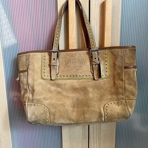 Used Coach tan suede top handle purse.